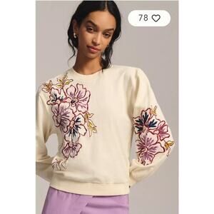 Anthropologie Cream Top with Pink Floral Embroidery